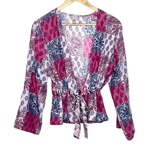 Gap Vintage Y2K Silk Patchwork Print Top Womens M Topper Satin Boho Long Sleeve